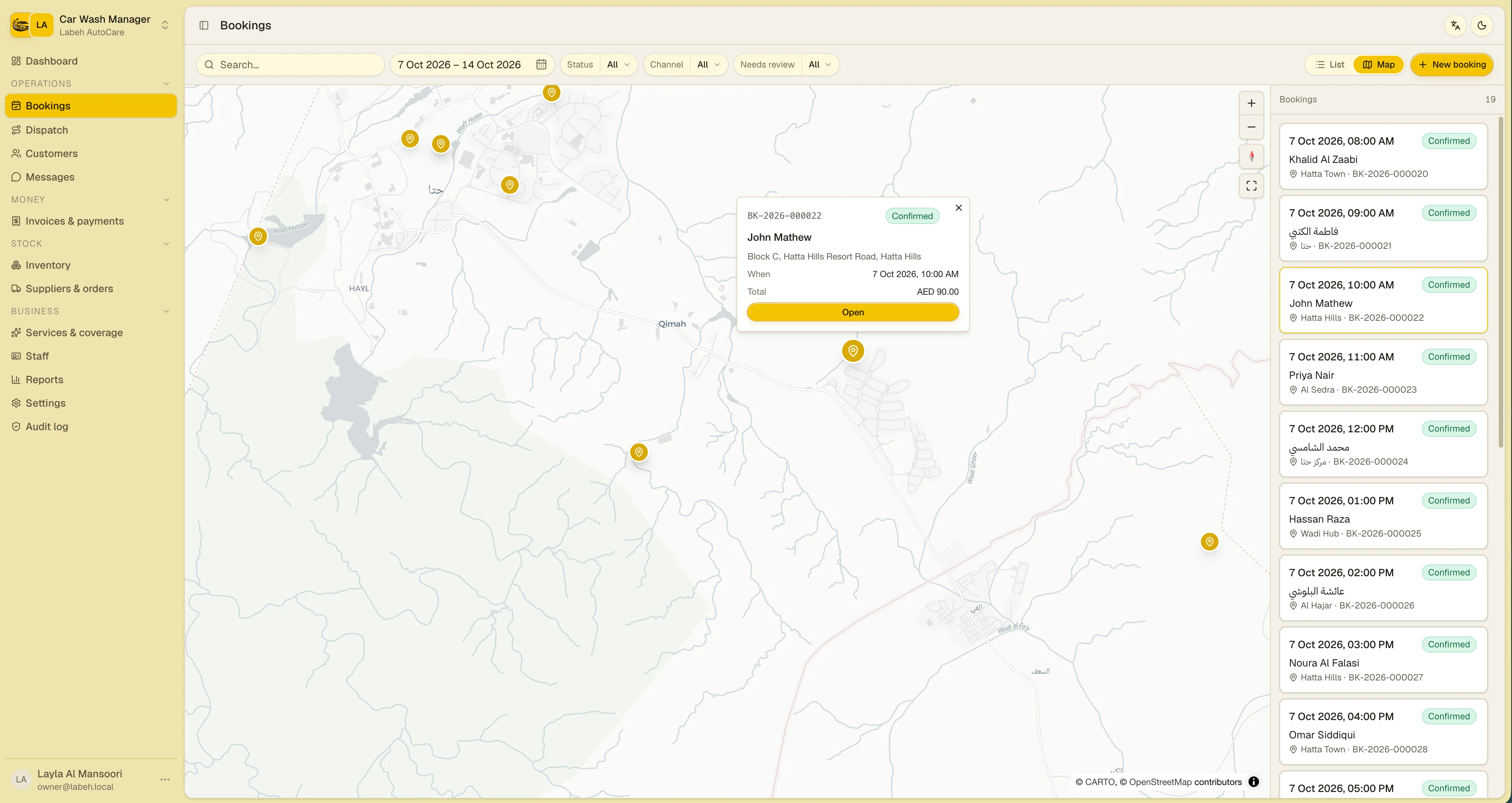 Map-based bookings with service-area jobs and live review status
