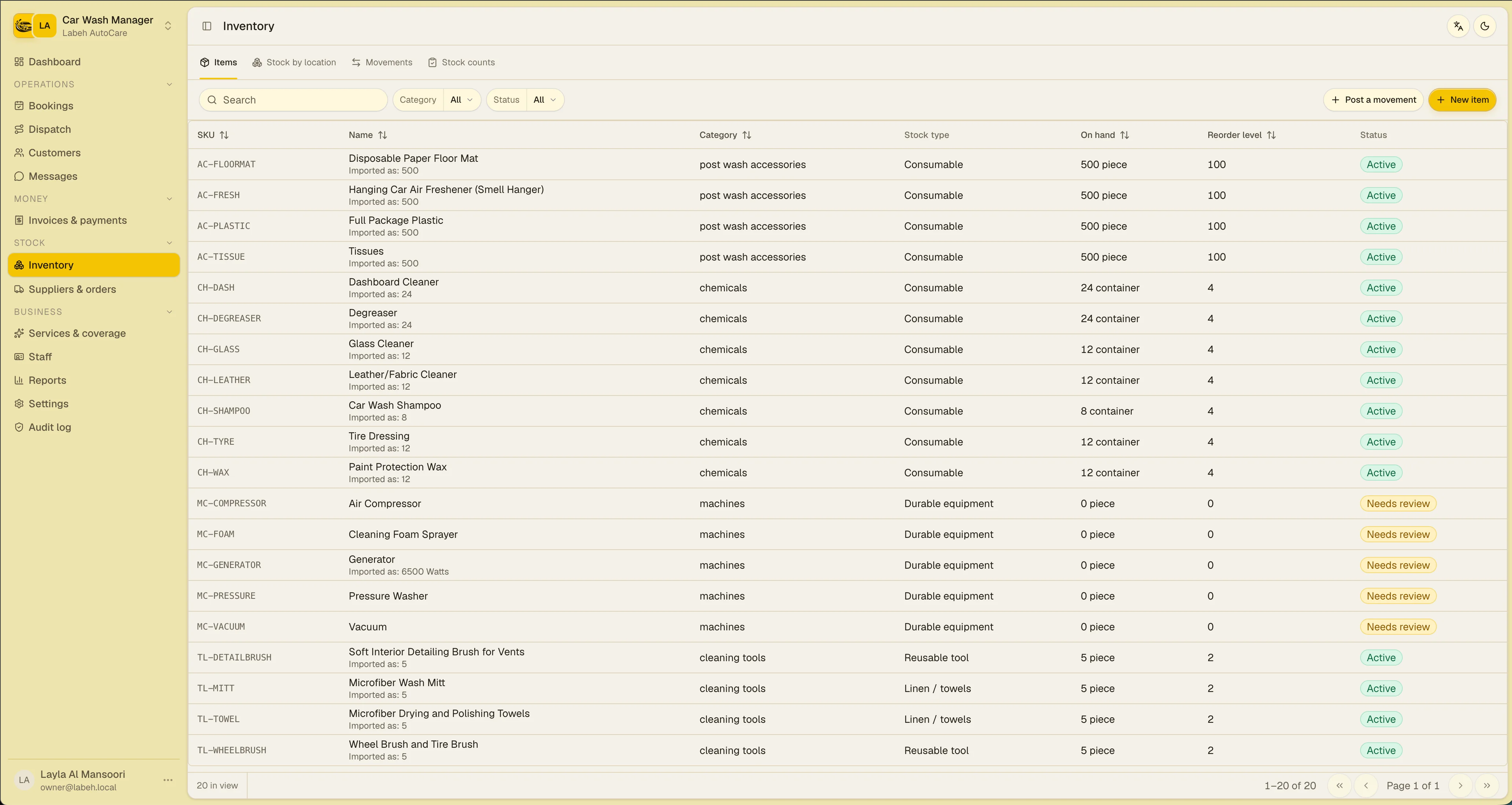 Inventory catalogue with stock type, on-hand quantity, and reorder status