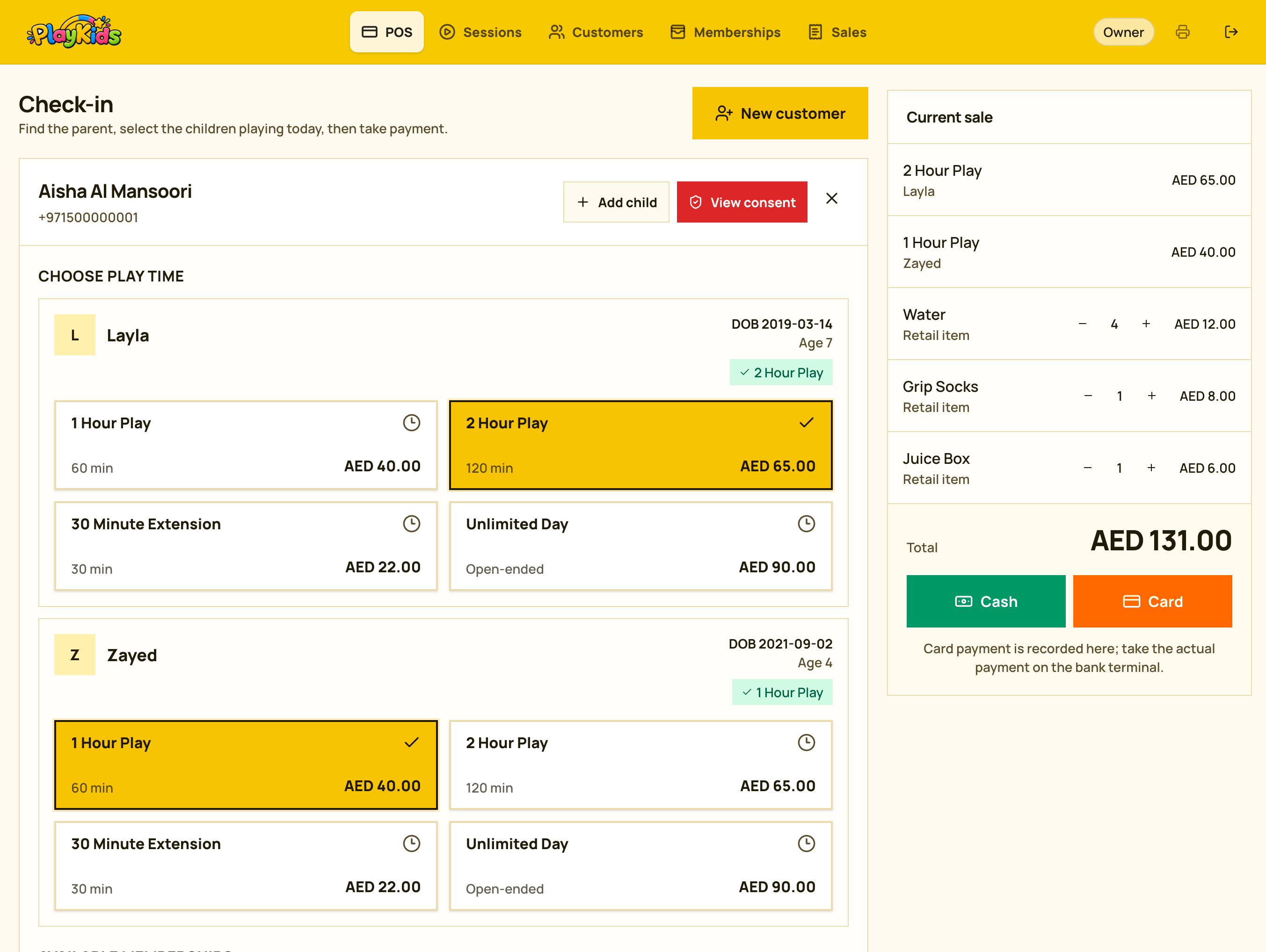 Playdesk POS check-in screen